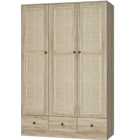 Hitow Ratten Wardrobe Armoire Closet, 3 Door Rattan Closet Wardrobe Cabinet with 3 Drawers & Hanging Rod, Storage Wardrobe Armoire Dresser for Bedroom Organizer (47.2" W x 18.9" D x 70.9" H) Hitow