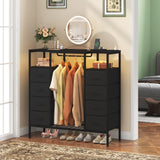 HIGDBFE 8 Drawers Dresser with Hanging Rack, Led Dresser with Charging Station, Kids Dressers with Clothes Rack Open Shelves, Chest of Drawers with Wooden Top for Bedroom, Kids Room, Black HIGDBFE