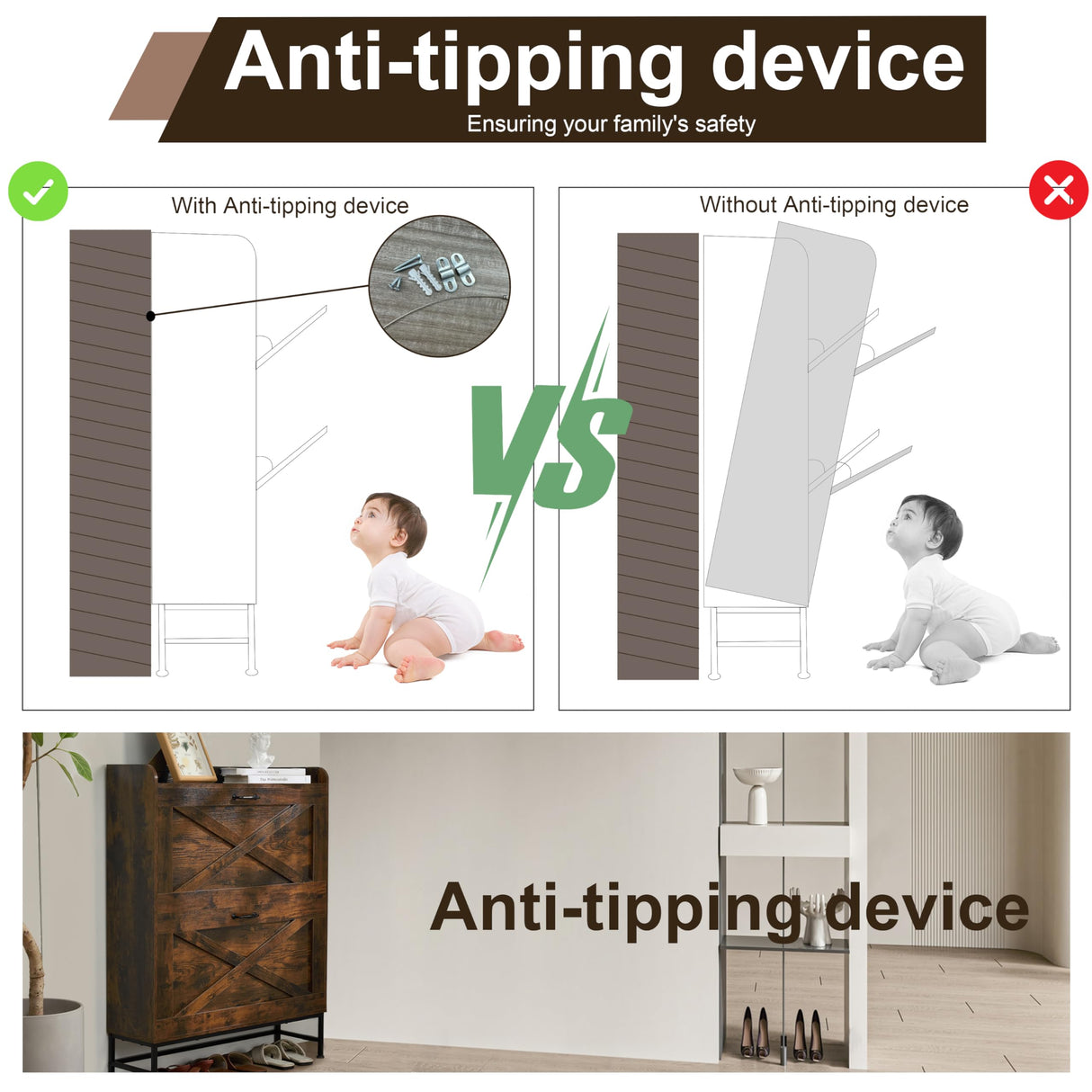 Chilihom Narrow Shoe Cabinet Storage for Entryway, Shoe Organizer with 2 Flip Drawers, Hidden Shoe Storage Slim Storage Cabinet with Metal Legs, Farmhouse Free Standing Shoe Rack Cabinet, Rustic Brown Chilihom