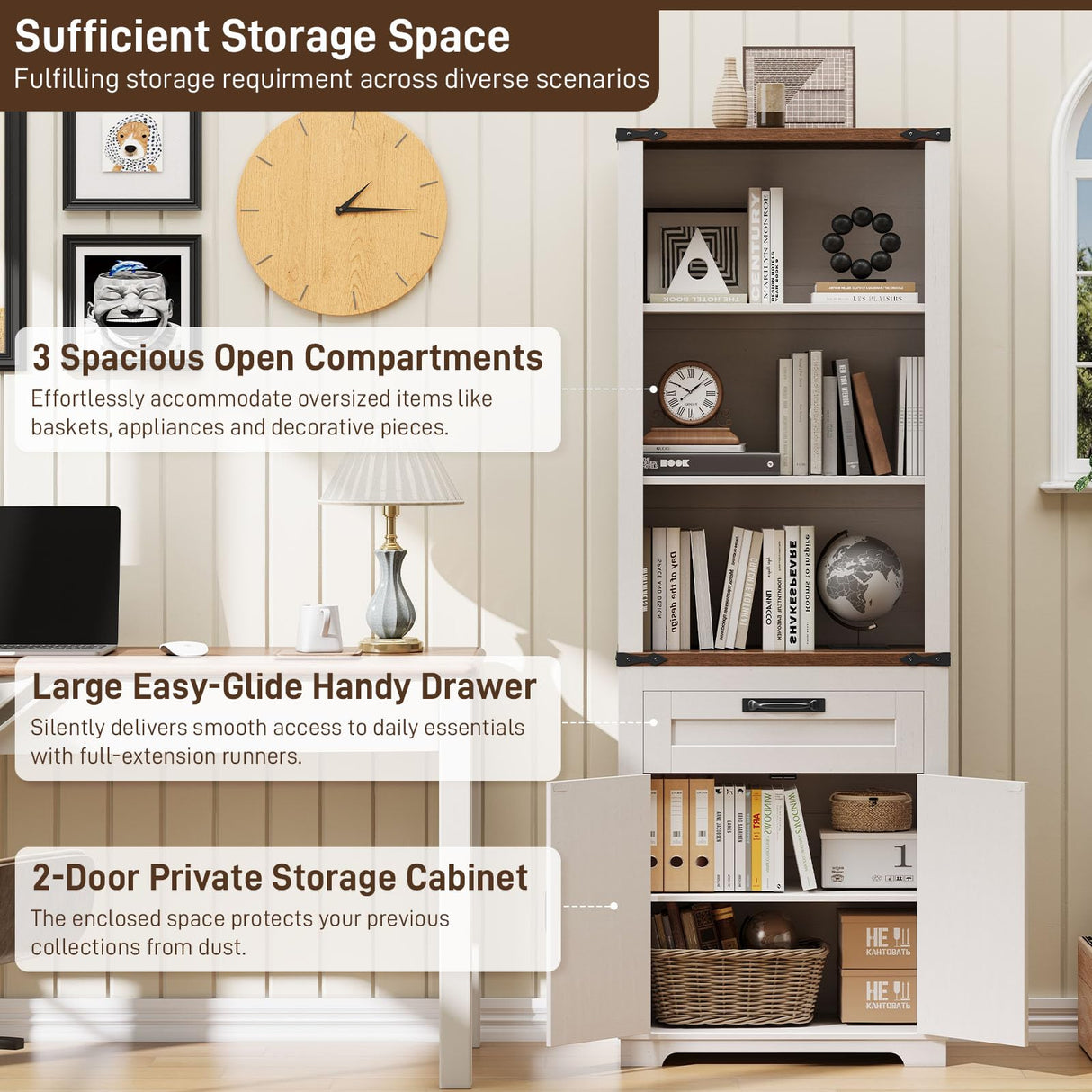 Vabches Bookshelf with Storage Cabinet, Farmhouse Bookshelf with Adjustable Shelves Tall Bookcase with Barn Doors and Drawer Freestanding Display Book Shelf for Office Living Room (Antique White) Vabches