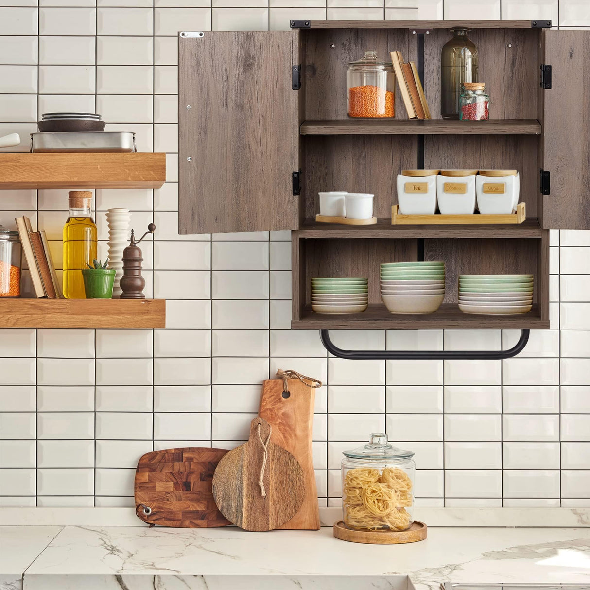 RUSTOWN Farmhouse Wall Storage Cabinet with Two Barn Door, Rustic Mounted Medicine Cabinet with Adjustable Shelf and Towel Bar, 3-Tier Wood Cabinet for Kitchen, Bathroom, Living Room (Washed Oak) RUSTOWN