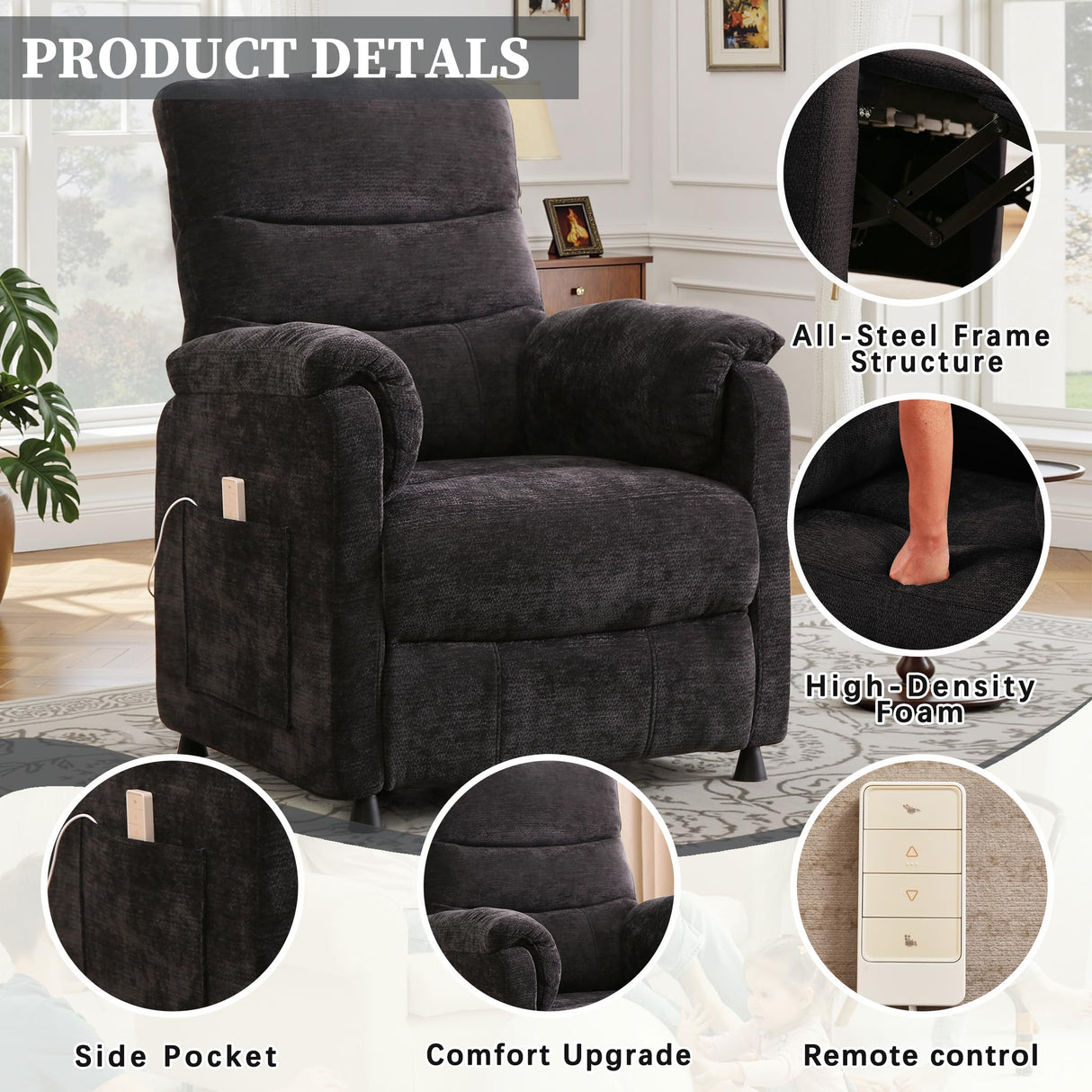 Veemuaro Electric Recliner Chair, Power Recliner Sofa with Remote, Adjustable Backrest and Side Pocket, 7-Zone Support, 350 LBS, Soft Chenille Fabric Armchair for Living Room Bedroom, Black Veemuaro