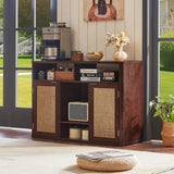 Lerliuo Rattan Wine Cabinet with 2 Doors, Boho Liquor Cabinet with Wine Racks, Farmhouse Coffee Bar Station for Living Room, Dining Room, Kitchen, Walnut Lerliuo