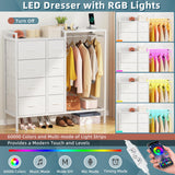 HIGDBFE 8-Drawer Dresser with Hanging Rack, Fabric Dresser with Charging Station & LED Lights, 42" W Dressers with Wooden Top for Clothes Storage, Fabric Chest of Drawers for Bedroom, White HIGDBFE