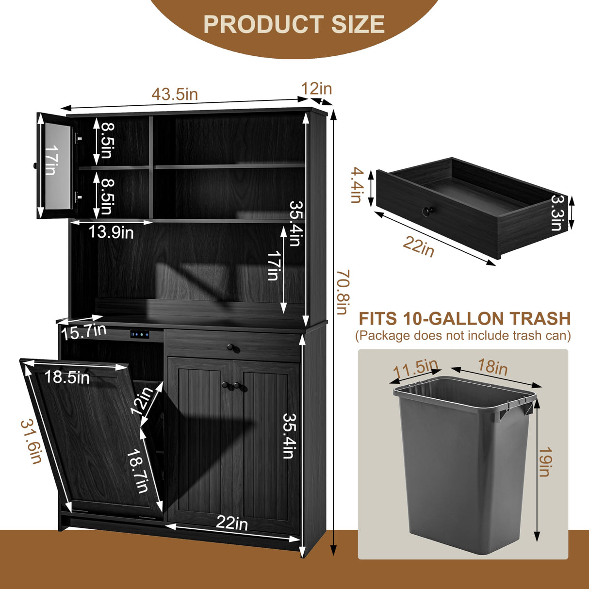 UpWiew Tilt Out Cabinet with Deodorising Function, Freestanding Kitchen Pantry Fits 10-Gallon Trash Can, Kitchen Hutch Cabinet with Microwave Shelf, Tall Storage Cabinet, Black UpWiew