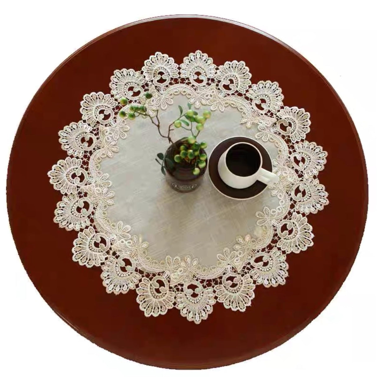 European Antique Jacquard Lace Table Doilies,Small Farmhouse Linen Embroidered Table Topper Scarf Place Mat RusticTable Cover (Flower Shape, Diameter 23.5Inch) VIRFONOR