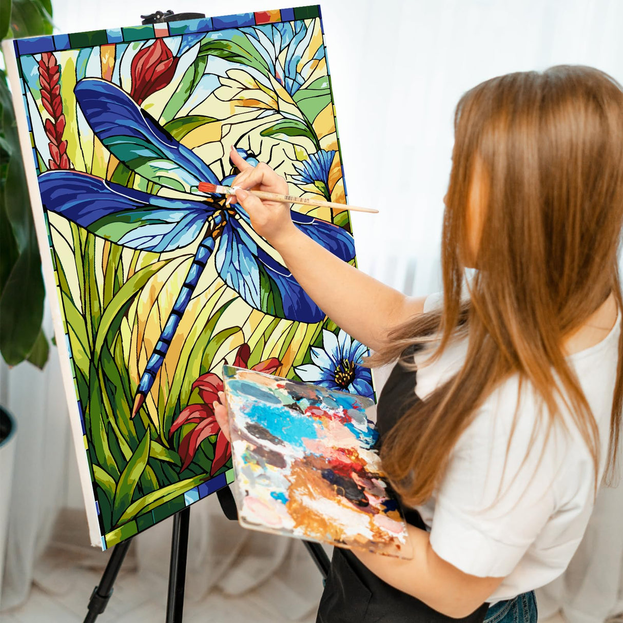 Paint by Numbers Kit for Adults Beginner - Dragonfly Adult Paint by Number Kits on Canvas, Stained Glass Acrylic Oil Number Painting for Adults, Perfect for Home Decor Gift 16x20 Inch GEEHEIY