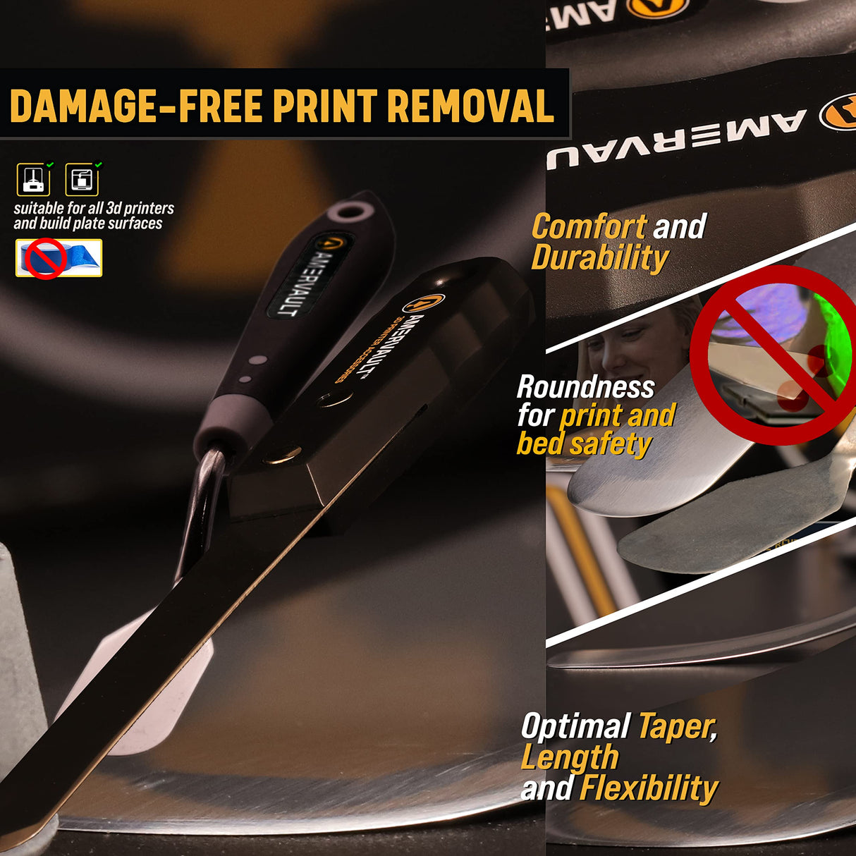 Premium 3D Print Removal Tool Kit - Durable 3D Printer Tools with Sturdy Comfort Grips, Sharp and Hardened Blades for Easy Separation of Prints, Knife and Spatula Set of 2 - Enhanced Version AMERVAULT