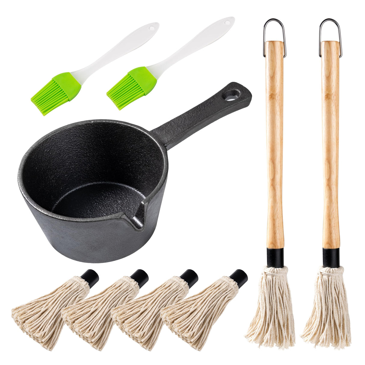 BBQ Mop Brush and Cast Iron Sauce Pot Set, 11-in-1 Value Pack includes 2Pcs Wooden Long Handle, 6 Brush Heads, 1 Cast iron BBQ Pan and 2 Silicone Brushes for Grilling all Types of Ingredients ZQDFLME