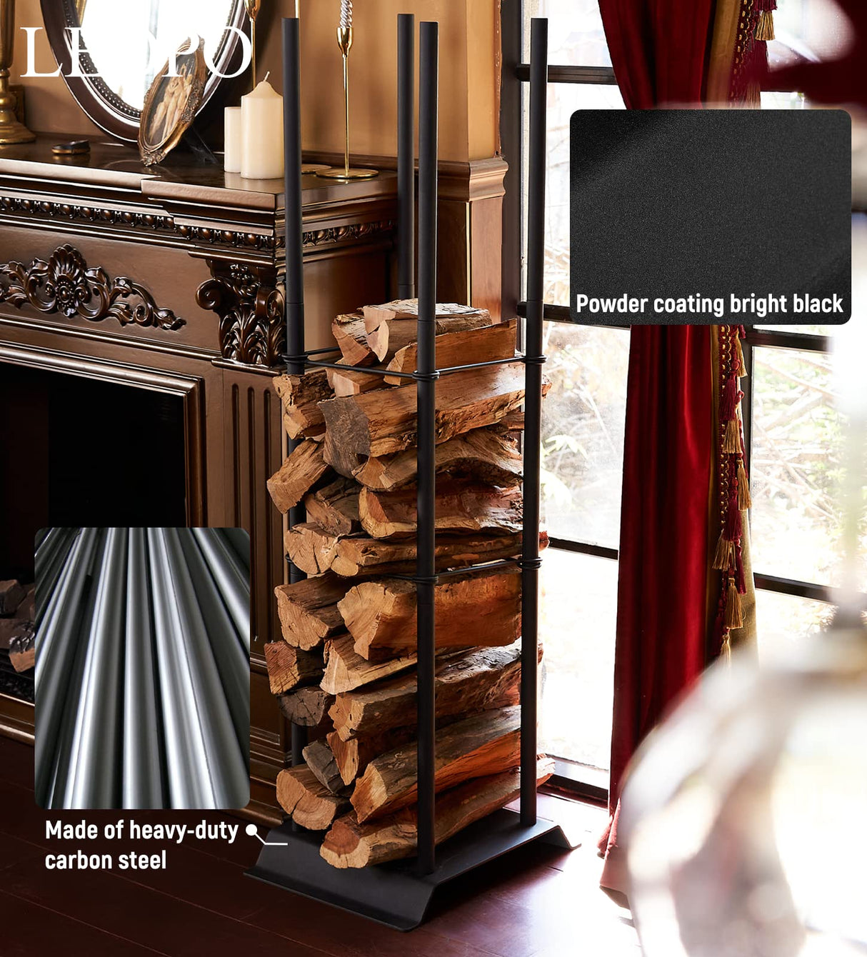 LEOPO Industrial Fireplace Log Holder Tower, Frame Indoor Outdoor Log Holder, Heavy Duty Wood Rack for Firewood LEOPO