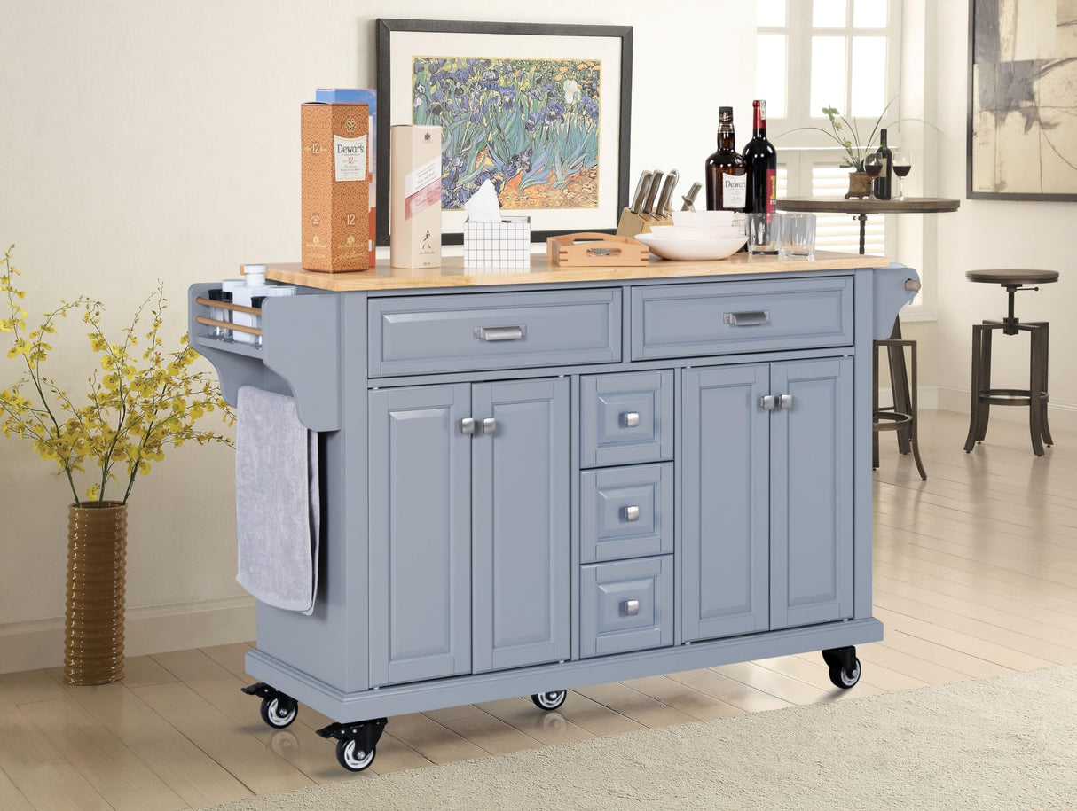 Generic 60.5"" Kitchen Island on Wheels, Rolling Island Table for Kitchen with Double Storage Cabinet and 5 Drawers, Portable Kitchen Cart with Rubber Wood Top, Grey, Large Generic
