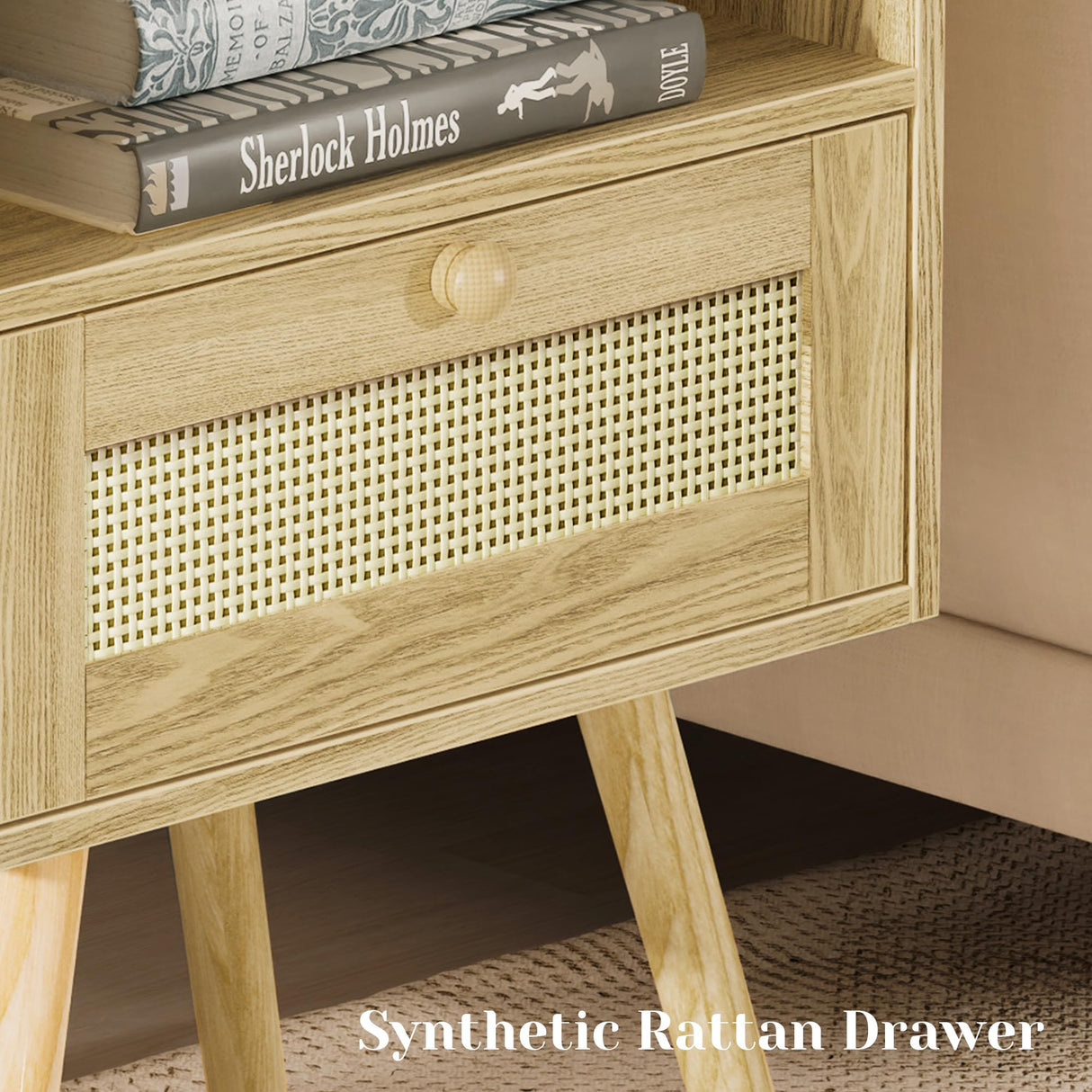 SUPERJARE Nightstands Set of 2, Night stands with Charging Station & PE Rattan Decor Drawer, Bed Side Tables with Solid Wood Feet, End Table, for Bedroom, Living Room - Natural SUPERJARE