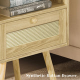 SUPERJARE Nightstand with Charging Station & Rattan-Like Decor Drawer, Rattan End Table with Solid Wood Feet, Bed Side Table with Open Storage, for Bedroom, Living Room, Dormitory - Natural SUPERJARE