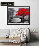 Diymood DIY 5D Diamond Painting Kits for Adults Landscape - Diamond Art Kits for Adults Red Tree Bridge | Full Drill Round | Crystal Mosaic Picture | Beginner | Home Wall Decor | 16x20inch Diymood