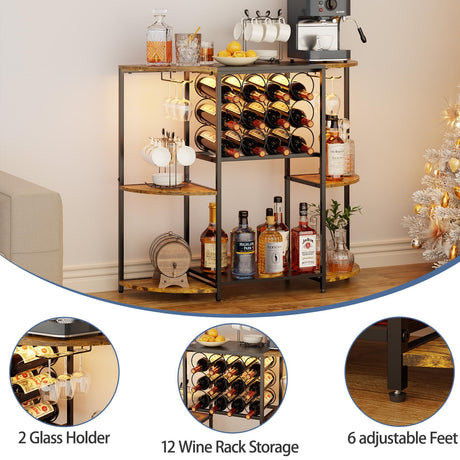 JKsmart Wine Bar Cabinet with LED Lights, Mini Wine Rack with Storage and Glass Holder, Home Mini Bar Cabinet for Liquor, 3-Tier Coffee Bar Storage for Kitchen, Dining Room, Living Room, Rustic Brown JKsmart