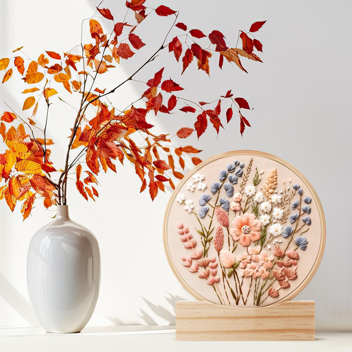 Chunful 6 Pcs Embroidery Hoop Display Stand Wooden Embroidery Frames Holder 2 Tier Groove Cross Stitch Hoop Stand Base Accessories for Display Works Home Exhibition Decor Chunful