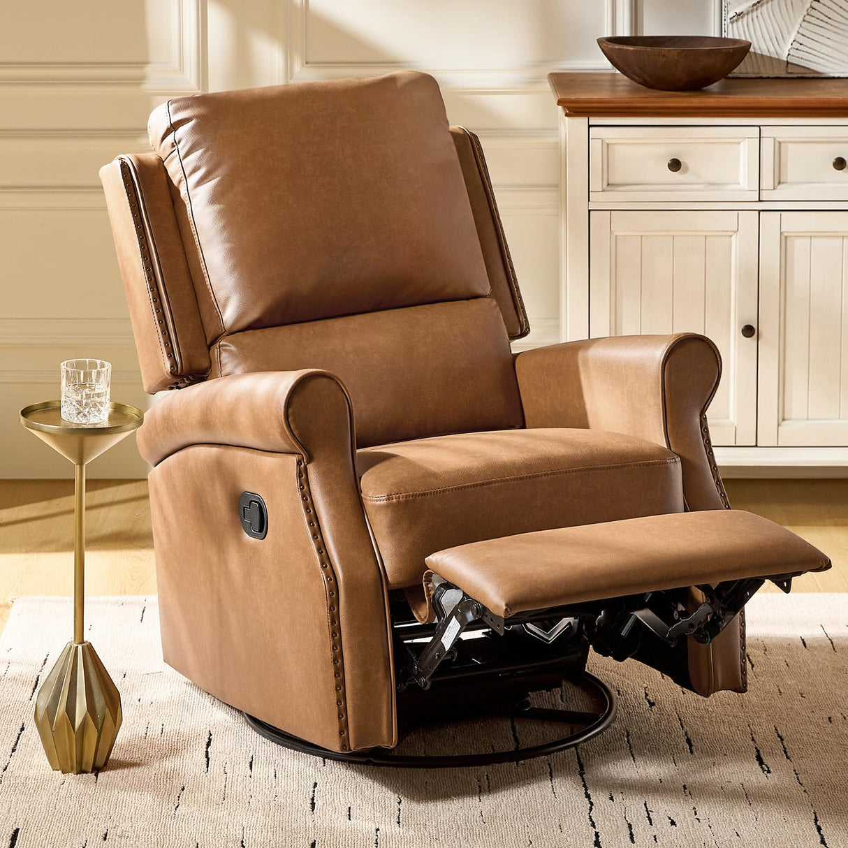 HULALA HOME Faux Leather Swivel Rocker Recliners Set of 2 with Adjustable Backrest and Footrest, Push Back Recliner Chairs with Nailhead Trim, Swivel Glider Rocking Chairs for Living Room, Camel HULALA HOME