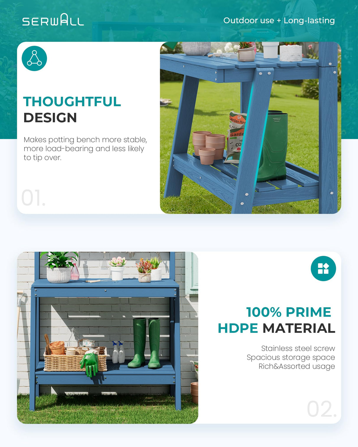 SERWALL Potting Bench Outdoor with Storage, 3-Tier HDPE Gardening Table with Angled Legs & Tool Hooks, All-Weather Heavy Duty Potting Table for Patio, Backyard, Garden, Blue SERWALL