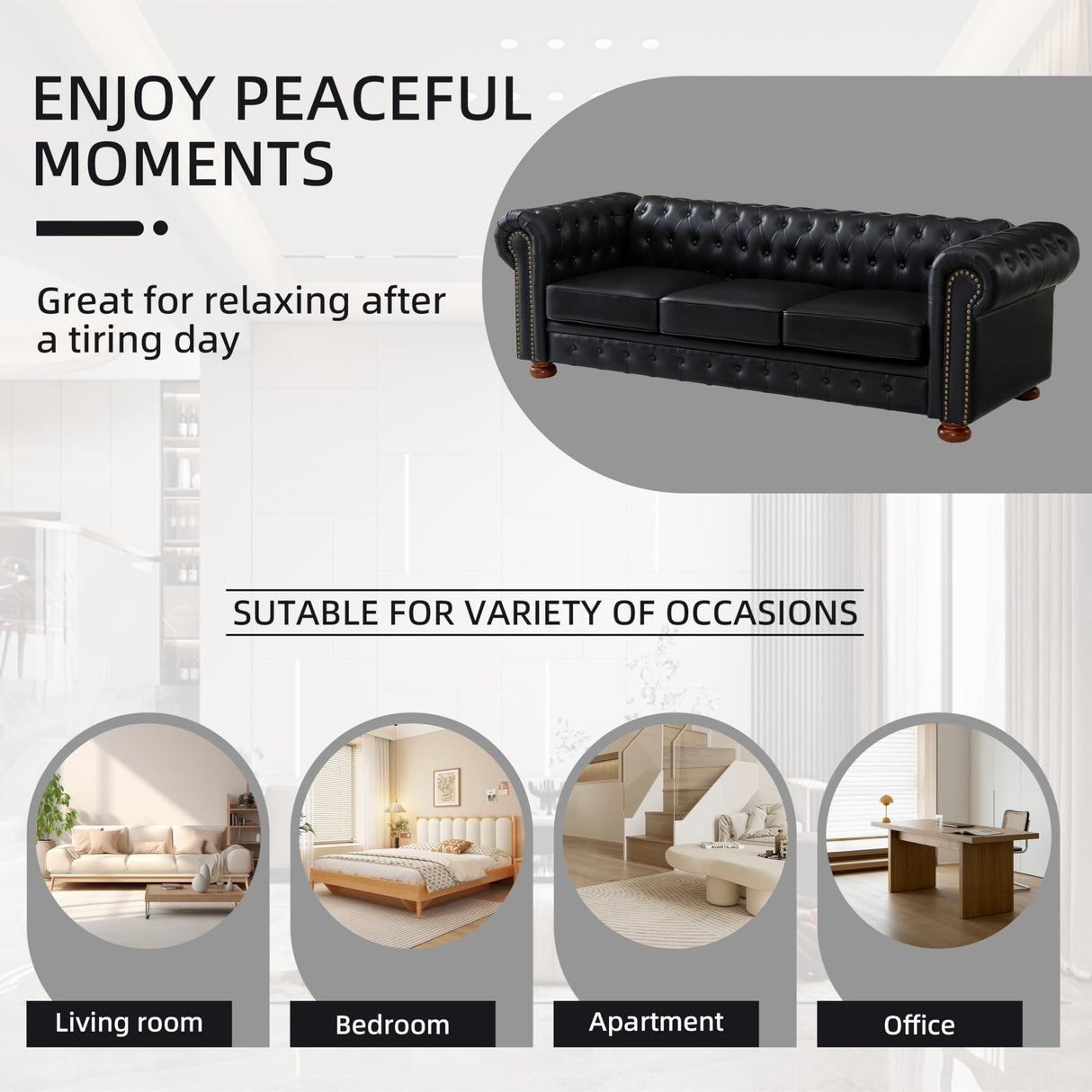 N NOORDENIYA Chesterfield Leather Sofa, 89" Mid Century Modern Couch with Low Back, Roll Arm Nailhead Trim Classic 3 Seater Couch for Living Room, Office, Apartment, PU Black N NOORDENIYA