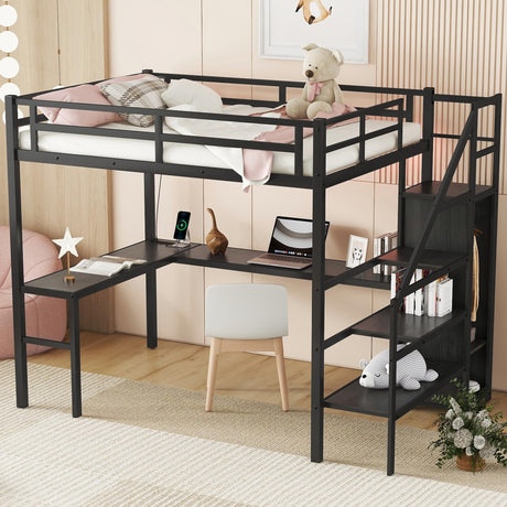 Full XL Loft Bed with Stairs and Wardrobe, Metal Loft Bed with Desk and Storage Stairs, RGB LED Loft Bed with Charging Station(USB Port, Outlets) (Full XL Loft Bed Black) Bellemave