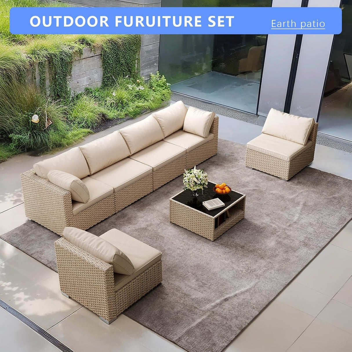 7-Piece Wicker Patio Furniture Set, Outdoor Conversation Set Sectional Sofa with Water Resistant Thick Cushions and Coffee Table, Beige Earth patio