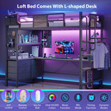 Loft Bed Twin Size with Desk and 5 Storage Drawers, Twin Loft Bed with LED Lights and Charging Station, Metal Bunk Bed Frame with Ladder, Clothes Rail,Noise Free for Small Bedroom,Oak Gray Dnxao