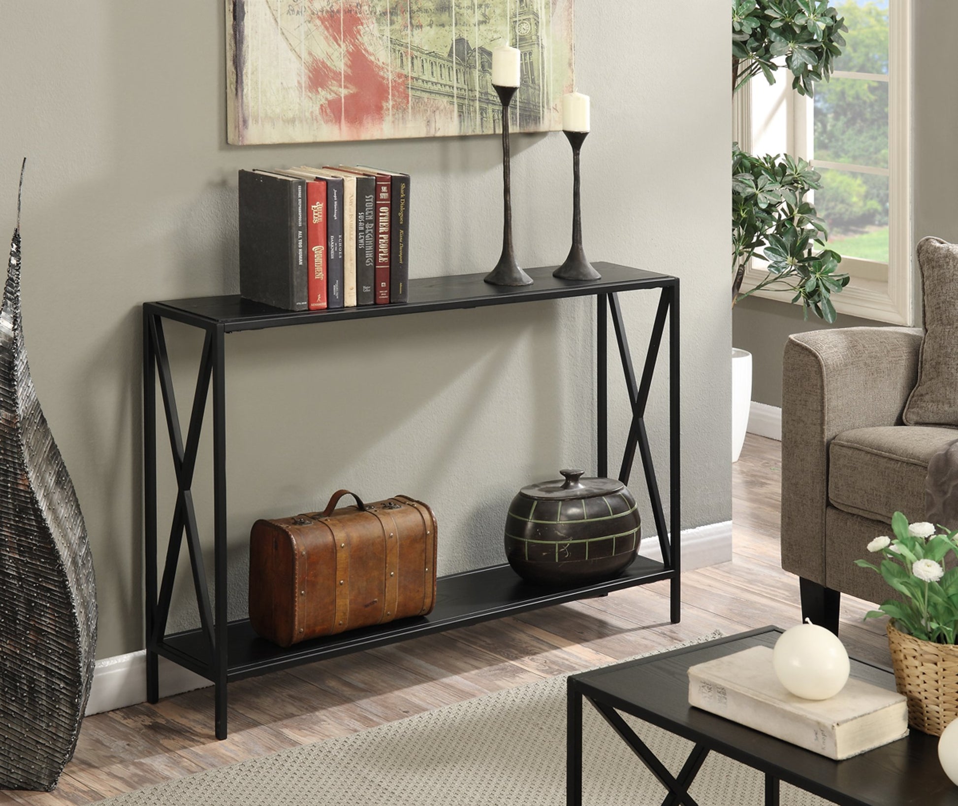 Convenience Concepts Tucson Console Table 47.25" - Modern Sofa Table with Storage Shelf, Entryway Hall Table for Living Room, Black - WoodArtSupply