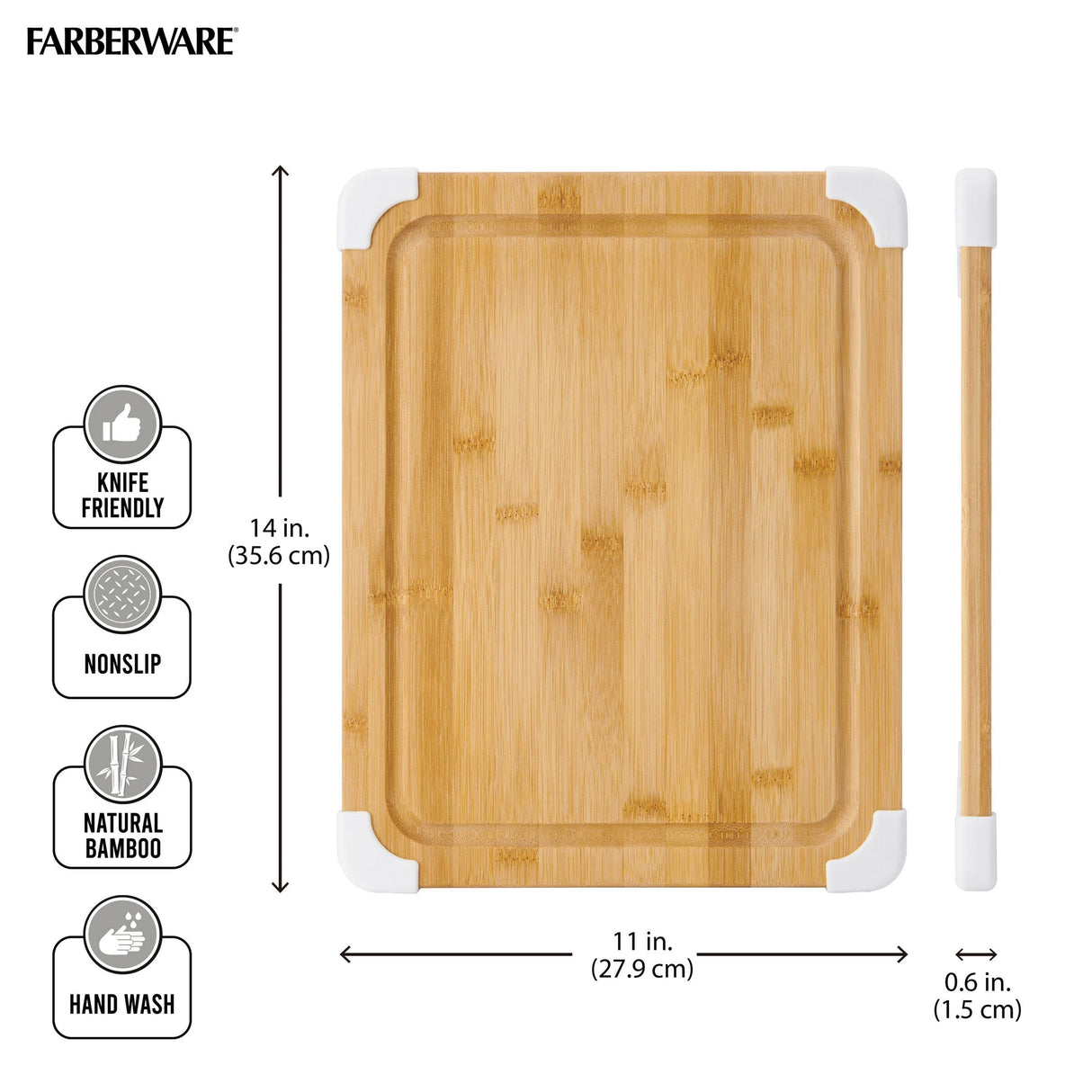 Farberware Nonslip Bamboo Cutting Board with Juice Groove, 11x14 Inch, White Farberware