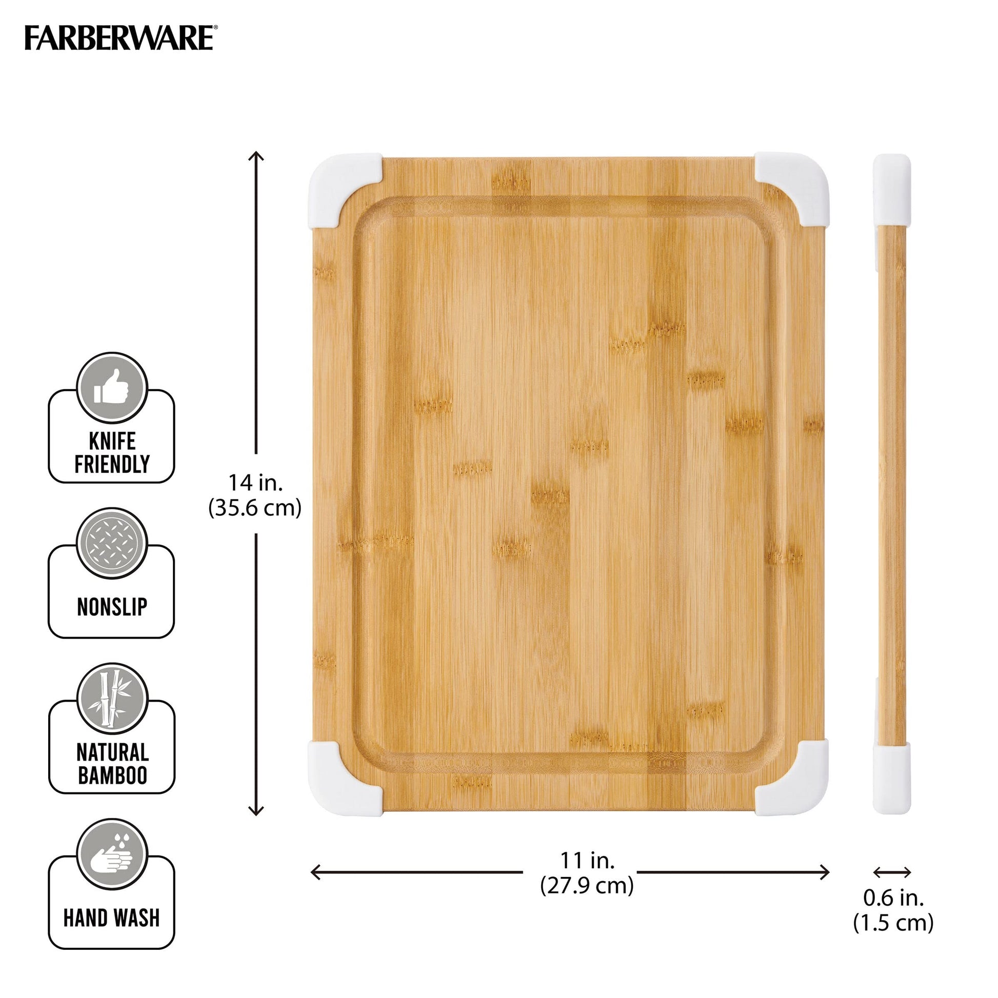 Farberware Nonslip Bamboo Cutting Board with Juice Groove, 11x14 Inch, White - WoodArtSupply