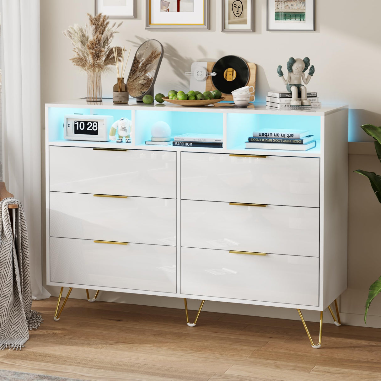 Furnivado Dresser for Bedroom, 6 Drawer Dresser with Led Lights, Modern White Dresser with 3 Open Shelves, Wood Wide Chest of Drawers Storage Organizer, White Dresser with Led Lights Furnivado