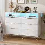 Furnivado Dresser for Bedroom, 6 Drawer Dresser with Led Lights, Modern White Dresser with 3 Open Shelves, Wood Wide Chest of Drawers Storage Organizer, White Dresser with Led Lights Furnivado