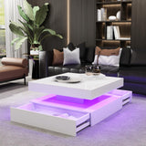 White LED Coffee Table for Living Room, Square Coffee Table with Lights, Lighted Cocktail Table, Mid Century Table with Lights, Modern Center Table with Storage, High Glossy Surface, 30 Inch WoodArtSupply