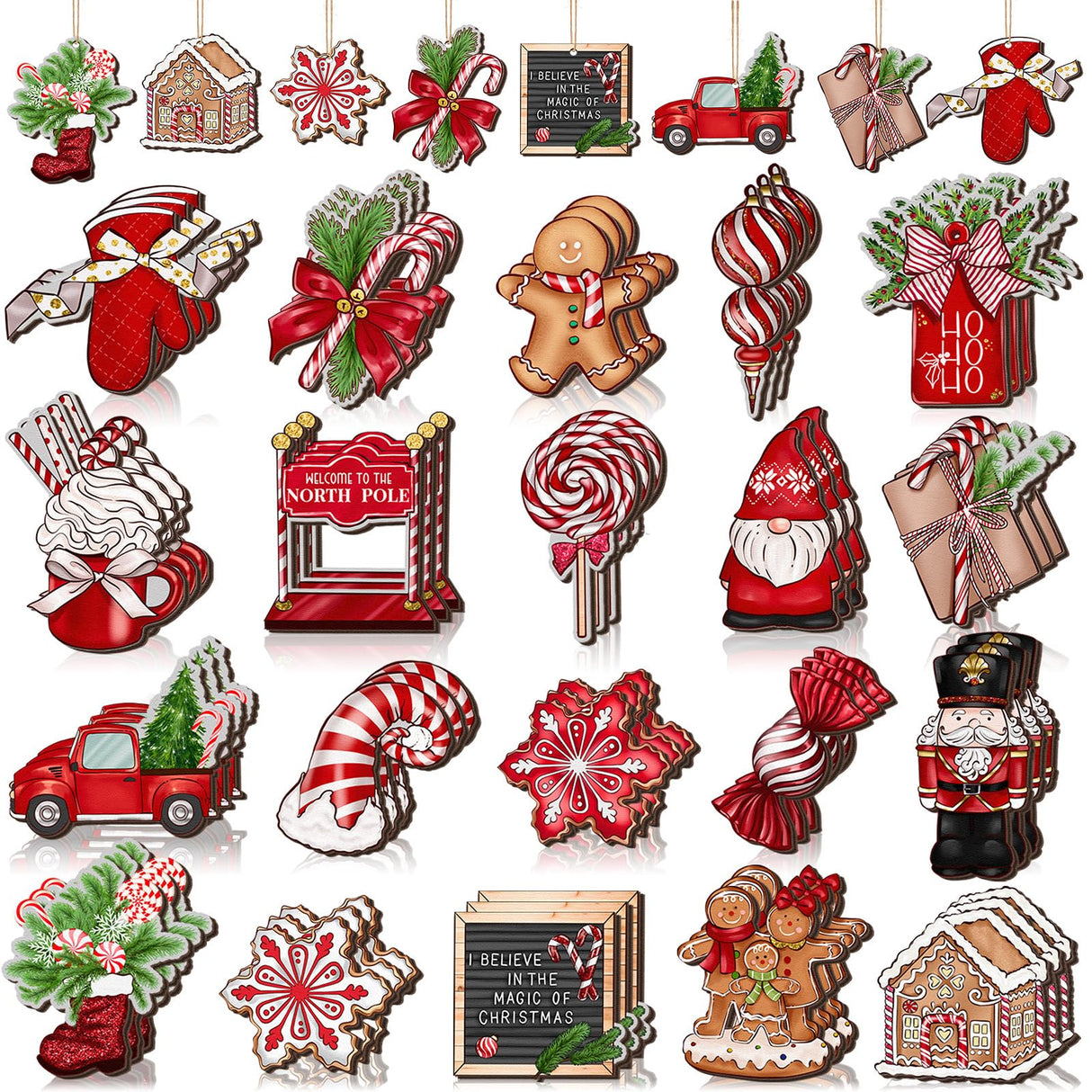 Huwena 40 Pcs Christmas Wooden Ornaments Red Christmas Decorations for Xmas Tree Wreaths Gingerbread Gnome Hanging Ornaments Nutcracker Peppermint Candy Wood Cutouts Christmas Decor for Home Huwena