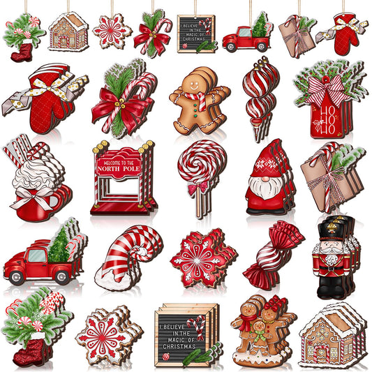 Huwena 40 Pcs Christmas Wooden Ornaments Red Christmas Decorations for Xmas Tree Wreaths Gingerbread Gnome Hanging Ornaments Nutcracker Peppermint Candy Wood Cutouts Christmas Decor for Home