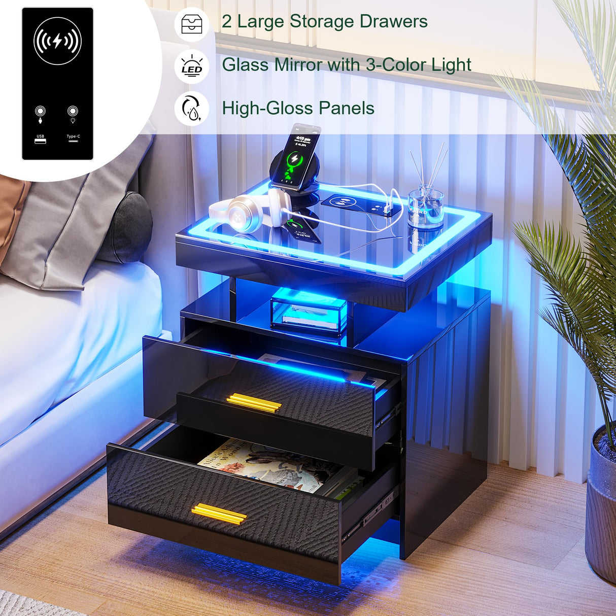 HNEBC Auto LED Nightstand Set of 2, Black Night Stand with Charging Station & USB Ports, High Gloss Bedside Table has 2 Drawers,Modern End Side Table for Bedroom (Black) HNEBC