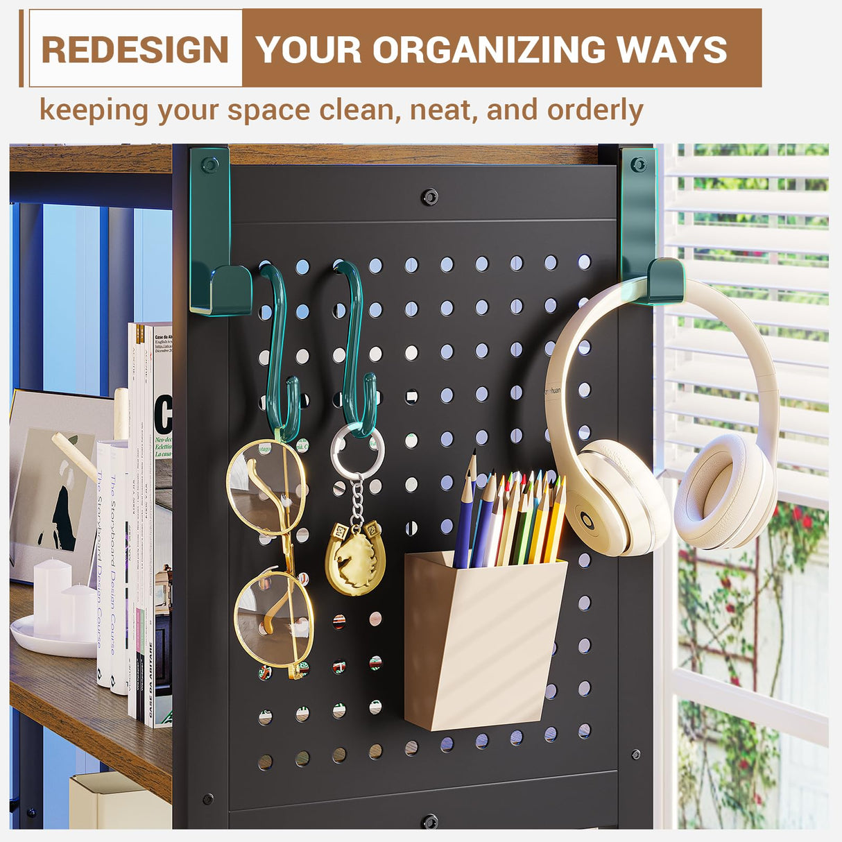 Itaar 5-Tier Convertible Corner Bookshelf with LED Light, Pegboard & Storage Bag in Rustic Brown Itaar