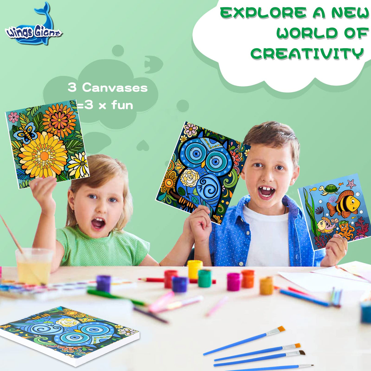 3 Pack Paint by Numbers for Kids Ages 8-12, Pre-Printed Acrylic Oil Painting, Includes (8x10, 8x9, 8x8 inch) Framed Canvas with 30 Acrylic Paint Pots, 5 Brushes for Kids, Art Supplies for Kids 9-12 Wings Giant