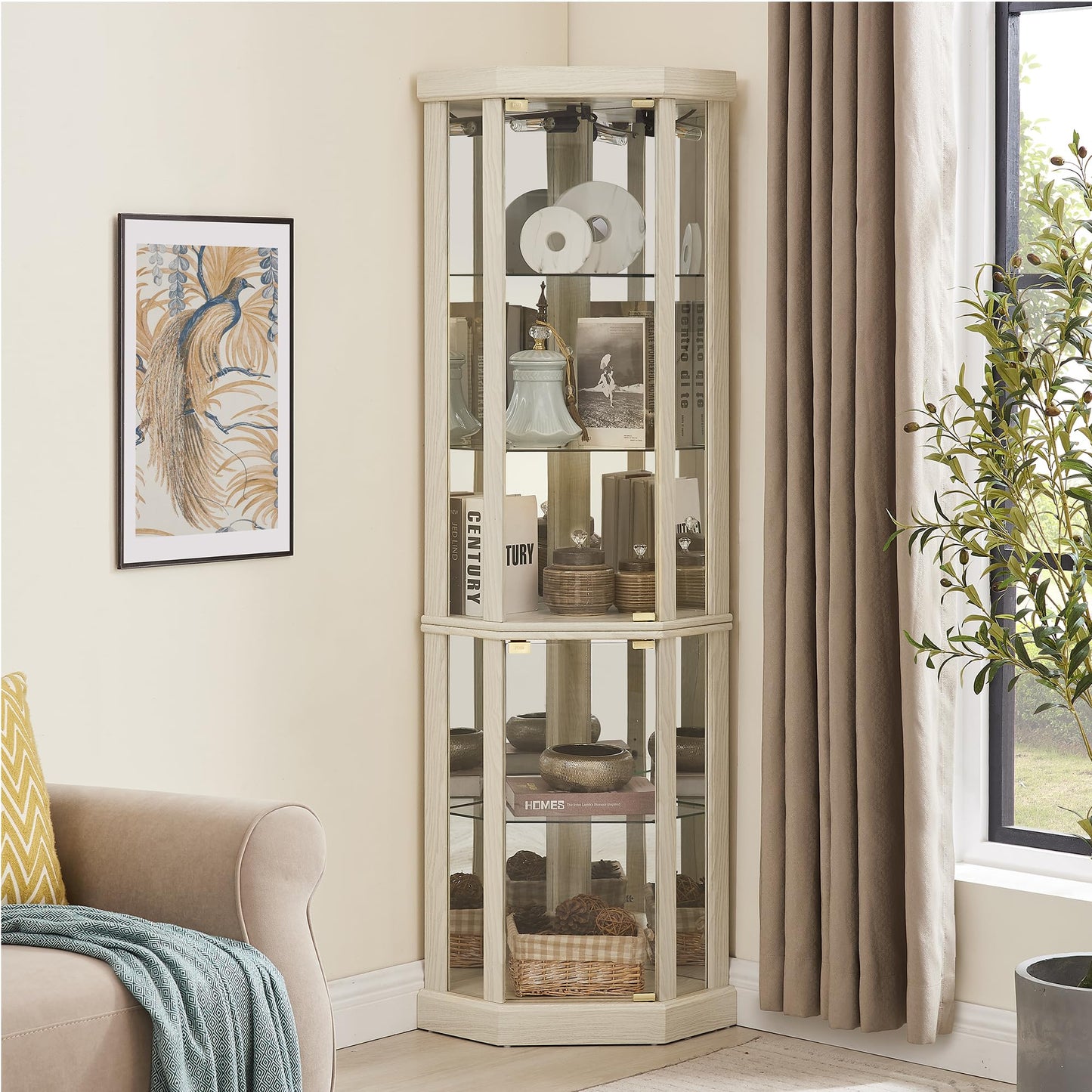 nifoti 69" H Lighted Curio Cabinet Corner Display Case,Corner Glass Cabinet with Tempered Glass Door and Adjustable Shelves,Wooden Corner Curio Cabinet with Mirrored Back Pane(Style 1 - Antique White)