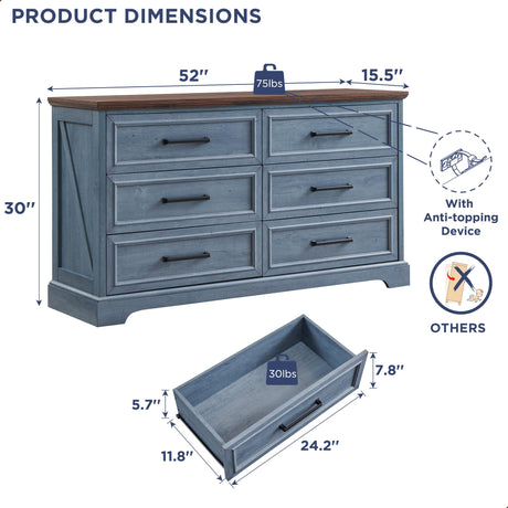 ACCOHOHO Farmhouse 6 Drawer Dresser for Bedroom, 52 Inch Wide Modern Dresser TV Stand with Large Drawers & Bar Handles, Rustic Wood Chest of Drawers for Bedroom, Living Room, Hallway, Blue ACCOHOHO