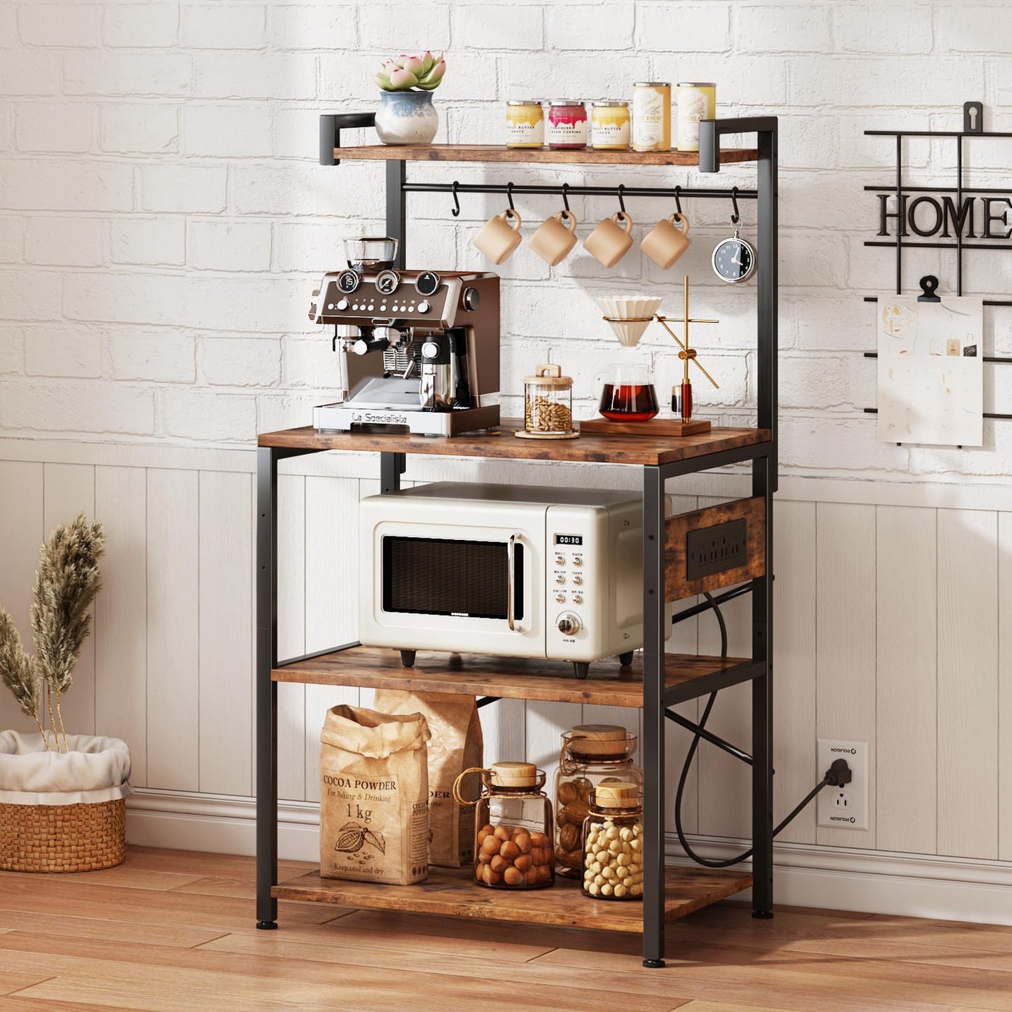 Standing Baker's Rack Coffee Bar Table - 4 Tiers Kitchen Microwave Stand with 6 Hooks, Kitchen Storage Shelves Rack，Rustic Brown