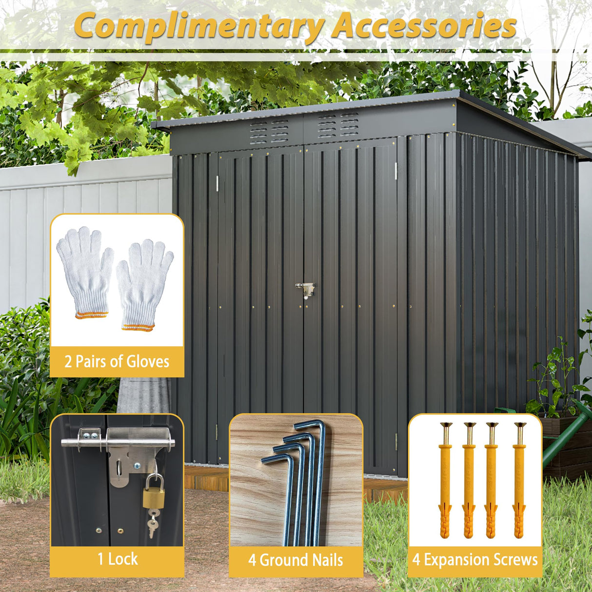 6x4 FT Outdoor Metal Storage Shed with Frame Floor & Sloping Roof, Lockable Double Door, Weatherproof Steel Garden Shed for Tools, Lawn Equipment & Patio Supplies Mulinsonfly
