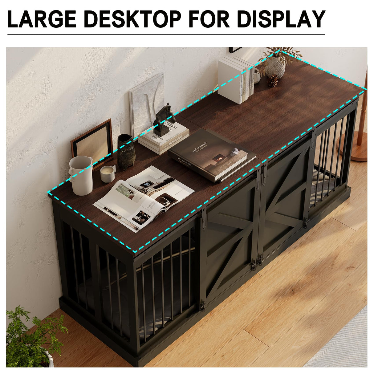 Dog Crate Furniture - Indoor Wooden Dog Kennel with Room Divider and Double Sliding Barn Doors - 71”x23.6”x31.5”H, Black Faceket