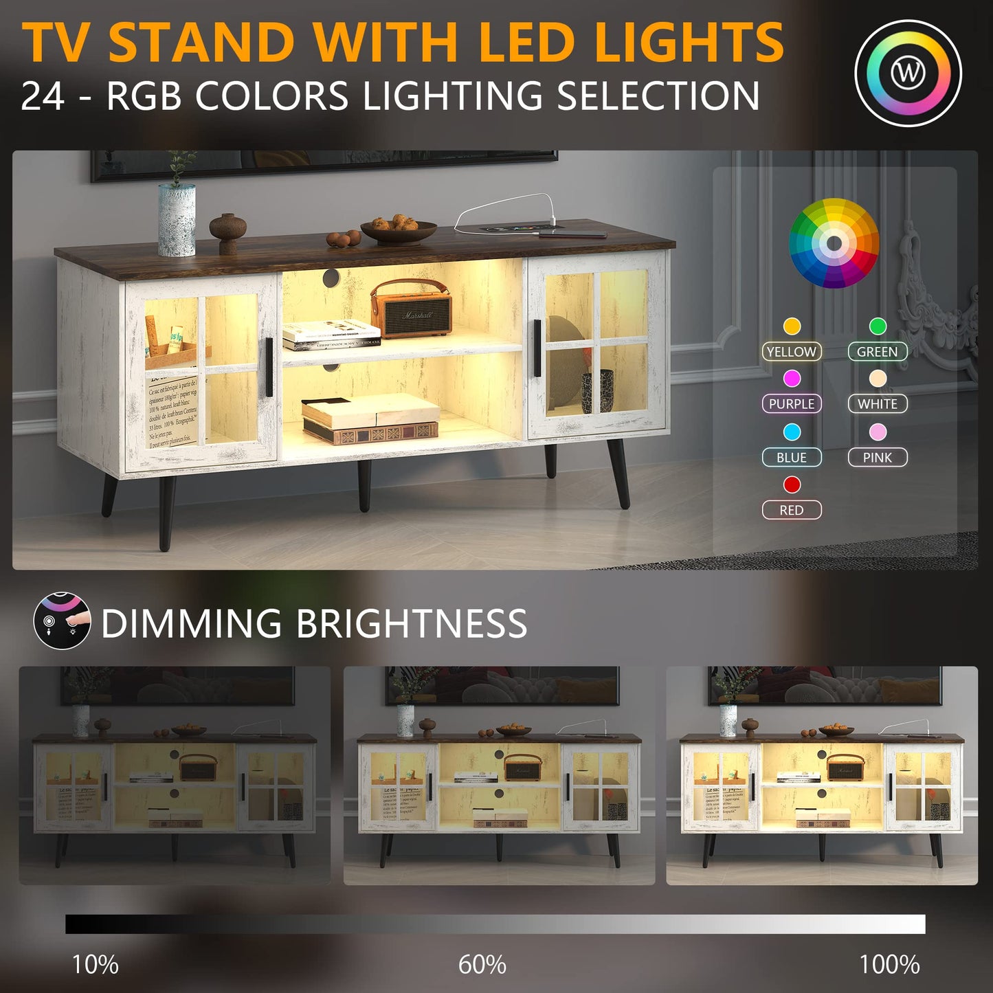 LVSOMT Modern LED TV Stand with Storage, Entertainment Center Cabinet for Living Room, Media Console with 24 Color Lighting (Wood White - RGB)