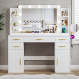 ALEXNUTRE Makeup Vanity Desk with Lights, Large Vanity Desk with Mirror and Lights in 3 Models, Vanity with Power Outlet, Vanity Desk with 5 Drawers, 2 Cabinets, Shelves, White Vanity for Bedroom ALEXNUTRE