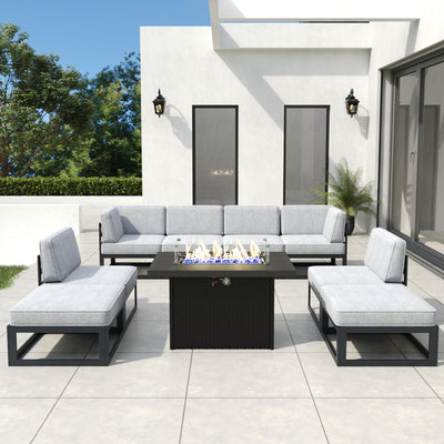 Vakollia 9 Pieces Aluminum Patio Furniture Set with Propane Gas 44" Fire Pit Table, Metal Outdoor Conversation Sofa Set with Seating Cushions