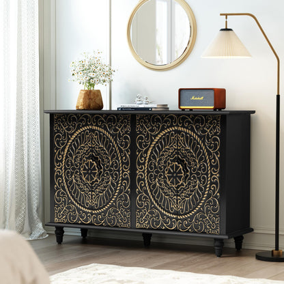 ARTPOWER Black Sideboard Buffet Cabinet with 4 Doors, Accent Decorative Storage Cabinet with Carved Flower Pattern, Wood Credenza Cabinet with storage for Hallway, Living Room, Kitchen, Dinin - WoodArtSupply