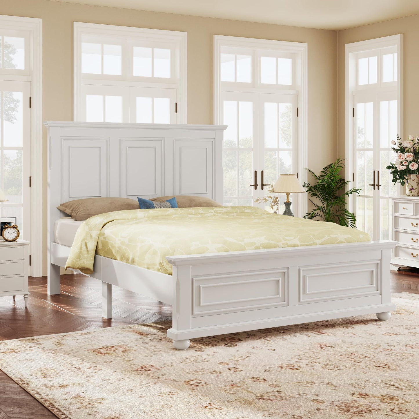 Merax King Vintage Pine Bed in White with Traditional Country Style - WoodArtSupply