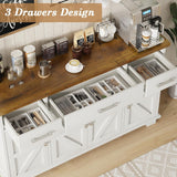 REVOMINCA 55 Inch Buffet Cabinet with 3 Drawers and 4 Barn Doors, Sideboard Coffee Bar for Kitchen, Farmhouse Coffee Bar with Storage, White REVOMINCA
