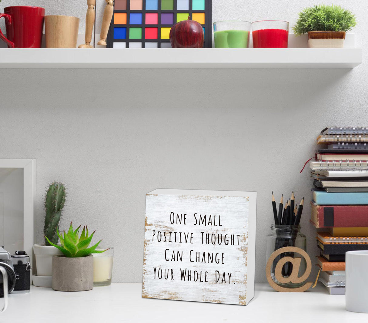 One Small Positive Thought Wooden Box Sign Decorative Funny Office Home Farmhouse Rusitc Wood Box Sign (5 X 5 Inch), Desk Shelf Tabletop Decor, Office Gift for Friend Coworker Employee(MQ-3-20) scodilo