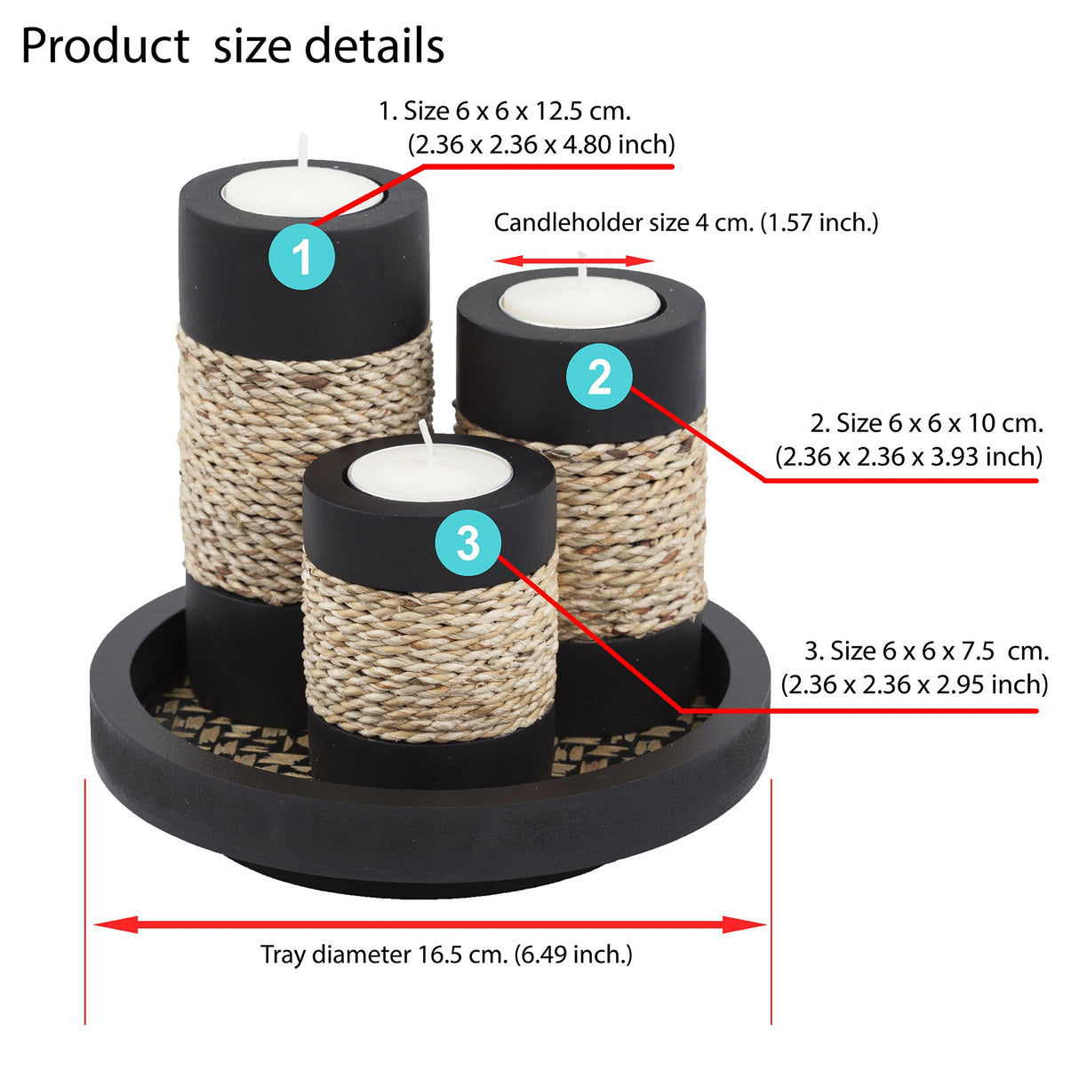 IYARA CRAFT Tealight Candle Holders with Candle Tray Set of 3 Decorative Candle Holders Matte Wood Finish with Small Rope Decoration IYARA CRAFT